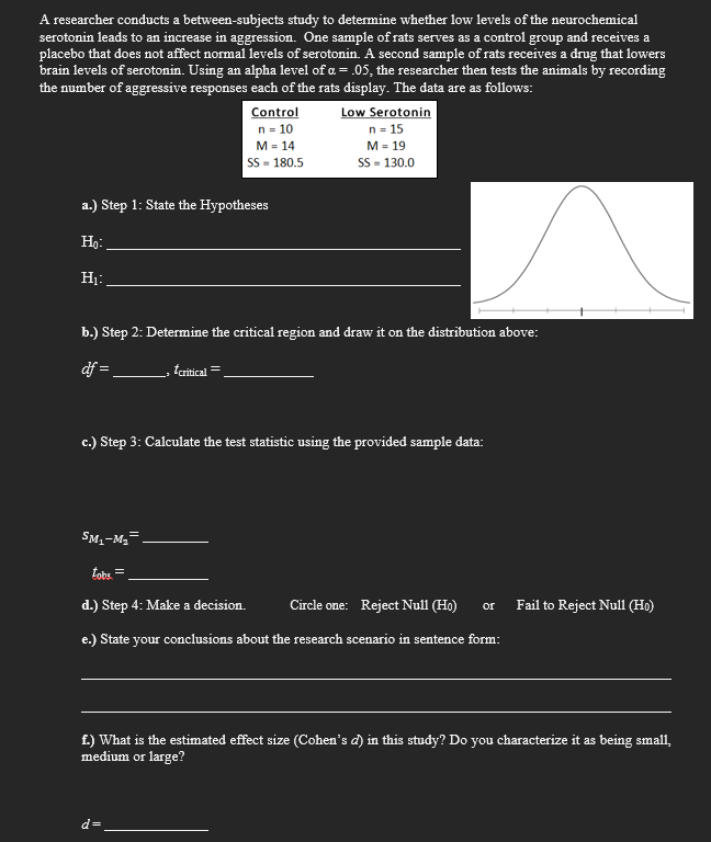 A researcher conducts a between-subjects study to determine whether low levels of the neurochemical
serotonin leads to an increase in aggression. One sample of rats serves as a control group and receives a
placebo that does not affect normal levels of serotonin. A second sample of rats receives a drug that lowers
brain levels of serotonin. Using an alpha level of a = .05, the researcher then tests the animals by recording
the number of aggressive responses each of the rats display. The data are as follows:
a.) Step 1: State the Hypotheses
Ho:
H₁:
Control
n = 10
M = 14
SS=180.5
b.) Step 2: Determine the critical region and draw it on the distribution above:
df =
> *critical
SM₁-M₂
Low Serotonin
n = 15
M = 19
SS = 130.0
c.) Step 3: Calculate the test statistic using the provided sample data:
tobs
d.) Step 4: Make a decision. Circle one: Reject Null (Ho) or Fail to Reject Null (Ho)
e.) State your conclusions about the research scenario in sentence form:
d=
f.) What is the estimated effect size (Cohen's d) in this study? Do you characterize it as being small,
medium or large?