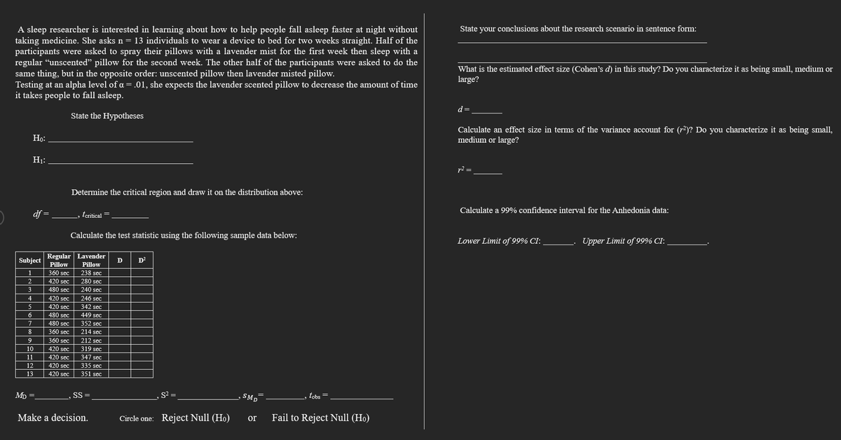 A sleep researcher is interested in learning about how to help people fall asleep faster at night without
taking medicine. She asks n = 13 individuals to wear a device to bed for two weeks straight. Half of the
participants were asked to spray their pillows with a lavender mist for the first week then sleep with a
regular "unscented" pillow for the second week. The other half of the participants were asked to do the
same thing, but in the opposite order: unscented pillow then lavender misted pillow.
Testing at an alpha level of a = .01, she expects the lavender scented pillow to decrease the amount of time
it takes people to fall asleep.
State the Hypotheses
2
3
4
5
Ho:
Subject
6
7
H₁:
8
9
10
11
12
13
MD=
=
Determine the critical region and draw it on the distribution above:
Calculate the test statistic using the following sample data below:
360 sec
420 sec
480 sec
tcritical =
Regular Lavender
Pillow
Pillow
420 sec
420 sec
480 sec
480 sec
360 sec
360 sec
420 sec
420 sec
420 sec
420 sec
238 sec
280 sec
240 sec
246 sec
342 sec
449 sec
352 sec
214 sec
212 sec
319 sec
347 sec
335 sec
351 sec
SS=
Make a decision.
D
D²
Circle one: Reject Null (Ho)
SMD
or
tobs
Fail to Reject Null (Ho)
State your conclusions about the research scenario in sentence form:
What is the estimated effect size (Cohen's d) in this study? Do you characterize it as being small, medium or
large?
d=
Calculate an effect size in terms of the variance account for (r²)? Do you characterize it as being small,
medium or large?
Calculate a 99% confidence interval for the Anhedonia data:
Lower Limit of 99% CI:
Upper Limit of 99% CI: