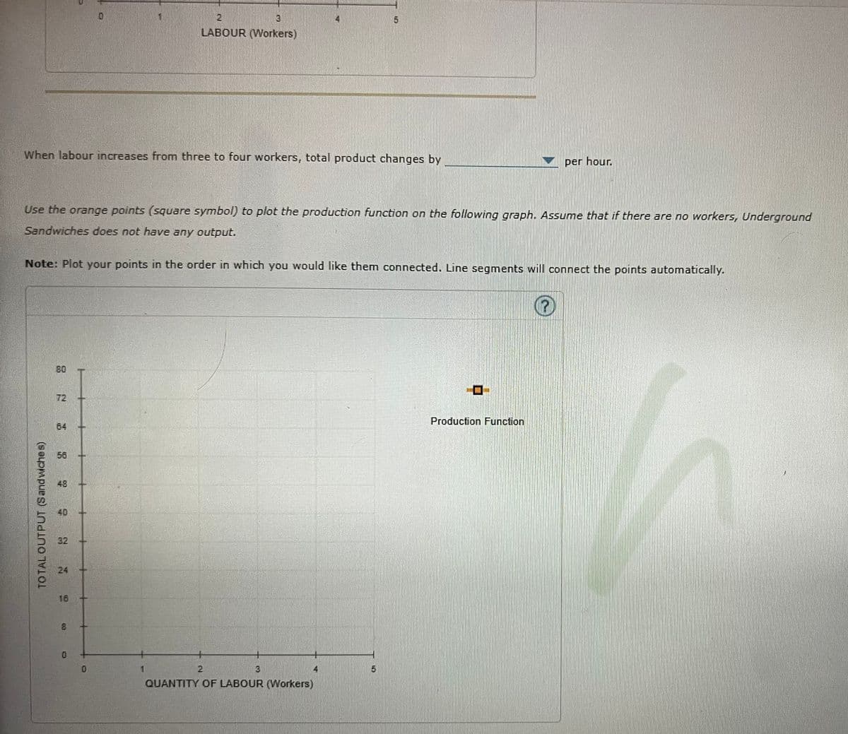 LABOUR (Workers)
When labour increases from three to four workers, total product changes by
per hour.
Use the orange points (square symbol) to plot the production function on the following graph. Assume that if there are no workers, Underground
Sandwiches does not have any output.
Note: Plot your points in the order in which you would like them connected. Line segments will connect the points automatically.
80
ロ
72
Production Function
64
56
48
32
16
8.
1.
3.
4
QUANTITY OF LABOUR (Workers)
TOTAL OUTPUT (Sandwiches)
24
