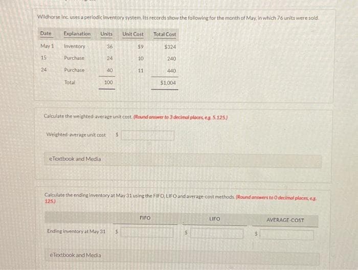 Wildhorse Inc. uses a periodic inventory system. Its records show the following for the month of May, in which 76 units were sold.
Date
May 1
15
24
Explanation Units Unit Cost
Inventory
Purchase
Purchase
Total
e Textbook and Media
36
24
40
100
Ending inventory at May 31
e Textbook and Medial
$9
10
Calculate the weighted average unit cost. (Round answer to 3 decimal places, eg. 5.125.)
Weighted average unit cost S
$
11
Calculate the ending inventory at May 31 using the FIFO, LIFO and average-cost methods. (Round answers to O decimal places, eg
125)
Total Cost
$324
240
440
$1,004
FIFO
$
LIFO
AVERAGE-COST