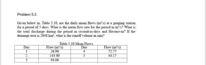 Problem 5.3
Given below in, Table 5.10, are the daily mean flows (m/s) at a gauging station
for a period of 5 days. What is the mean flow rate for the period in m/s? What is
the total discharge during the period in second-m-days and Hectare-m? If the
drainage area is 2048 km, what is the runoff volume in mm?
Flow (m/s)
26.90
143.00
Table 5.10 Mean Flows
Day
4
Flow (m/s)
72.77
44.17
Day
94.86
