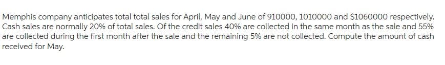 Memphis company anticipates total total sales for April, May and June of 910000, 1010000 and $1060000 respectively.
Cash sales are normally 20% of total sales. Of the credit sales 40% are collected in the same month as the sale and 55%
are collected during the first month after the sale and the remaining 5% are not collected. Compute the amount of cash
received for May.