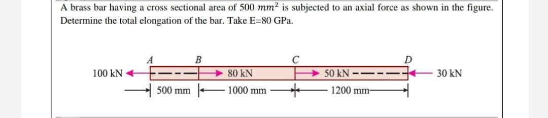 A brass bar having a cross sectional area of 500 mm2 is subjected to an axial force as shown in the figure.
Determine the total elongation of the bar. Take E=80 GPa.
A
В
100 kN +
80 kN
50 kN --
30 kN
500 mm
1000 mm
1200 mm-
