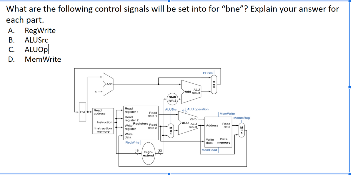 What are the following control signals will be set into for "bne"? Explain your answer for
each part.
A. RegWrite
B. ALUSrc
C. ALUOP
D.
MemWrite
PC
Read
address
Add
Instruction
Instruction
memory
Read
register 1
Read
register 2
Write
register
Registers Read
data 2
Write
data
RegWrite
Read
data 1
16
Sign-
extend
32
Shift
left 2
ALU
Add result
M
u
X
ALUSrc 4 ALU operation
PCSrc
Zero
ALU ALU
result
М
MUX
Address
MemWrite
MemRead
Read
data
Write
Data
data memory
MemtoReg
u