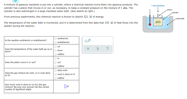 A mixture of gaseous reactants is put into a cylinder, where a chemical reaction turns them into gaseous products. The
cylinder has a piston that moves in or out, as necessary, to keep a constant pressure on the mixture of 1 atm. The
cylinder is also submerged in a large insulated water bath. (See sketch at right.)
1 atm pressure
piston
oylinder
From previous experiments, this chemical reaction is known to absorb 321. k of energy.
water bath
The temperature of the water bath is monitored, and it is determined from this data that 118. kJ of heat flows into the
system during the reaction.
gases
O exothermic
O endothermic
Is the reaction exothermic or endothermic?
O up
O down
O neither
Does the temperature of the water bath go up or
?
down?
O in
Does the piston move in or out?
O out
O neither
O does work
O work is done on it
O neither
Does the gas mixture do work, or is work done
on it?
How much work is done on (or by) the gas
mixture? Be sure vour answer has the correct
number of significant digits.
