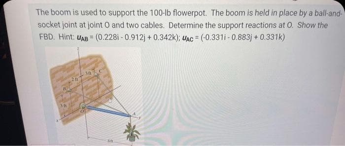 The boom is used to support the 100-lb flowerpot. The boom is held in place by a ball-and-
socket joint at joint O and two cables. Determine the support reactions at O. Show the
FBD. Hint: UAB = (0.228i-0.912j +0.342k); UAC = (-0.331i-0.883j+0.331k)
B
3 ft
2n
Sa