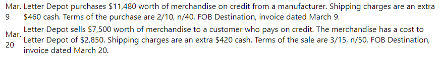 Mar. Letter Depot purchases $11,480 worth of merchandise on credit from a manufacturer. Shipping charges are an extra
$460 cash. Terms of the purchase are 2/10, n/40, FOB Destination, invoice dated March 9.
9
Letter Depot sells $7,500 worth of merchandise to a customer who pays on credit. The merchandise has a cost to
Mar.
Letter Depot of $2,850. Shipping charges are an extra $420 cash. Terms of the sale are 3/15, n/50, FOB Destination,
20
invoice dated March 20.
