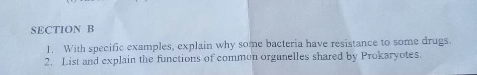 SECTION B
1. With specific examples, explain why some bacteria have resistance to some drugs.
2. List and explain the functions of common organelles shared by Prokaryotes.
