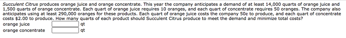 **Text Transcription for Educational Website:**

Succulent Citrus produces orange juice and orange concentrate. This year the company anticipates a demand of at least 14,000 quarts of orange juice and 1,500 quarts of orange concentrate. Each quart of orange juice requires 10 oranges, and each quart of concentrate requires 50 oranges. The company also anticipates using at least 290,000 oranges for these products. Each quart of orange juice costs the company 50¢ to produce, and each quart of concentrate costs $2.00 to produce. How many quarts of each product should Succulent Citrus produce to meet the demand and minimize total costs?

orange juice: [input box] qt

orange concentrate: [input box] qt