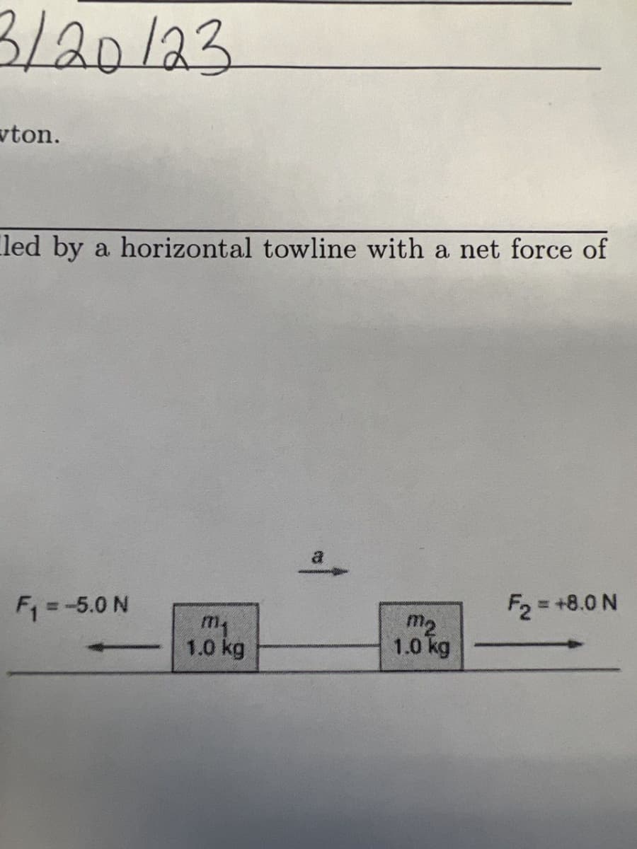 3/20/23
wton.
led by a horizontal towline with a net force of
F₁ = -5.0 N
m₁
1.0 kg
m2
1.0 kg
F₂ = +8.0 N