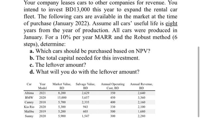 Your company leases cars to other companies for revenue. You
intend to invest BD13,000 this year to expand the rental car
fleet. The following cars are available in the market at the time
of purchase (January 2022). Assume all cars' useful life is eight
years from the year of production. All cars were produced in
January. For a 10% per year MARR and the Robust method (6
steps), determine:
a. Which cars should be purchased based on NPV?
b. The total capital needed for this investment.
c. The leftover amount?
d. What will you do with the leftover amount?
Car
Year
Market Value, Salvage Value,
BD
Annual Operating Annual Revenue,
Cost, BD
350
BD
Model
Altima 2021
BD
8,200
2,629
2,640
BMW
2020
15,000
5,657
450
3,360
Camry 2018
5,700
2,335
400
2,160
Kia Rio
2020
5,300
943
330
2,100
Malibu
2019
5,200
603
500
1,680
Sunny
2020
5,900
1,547
300
2,280
