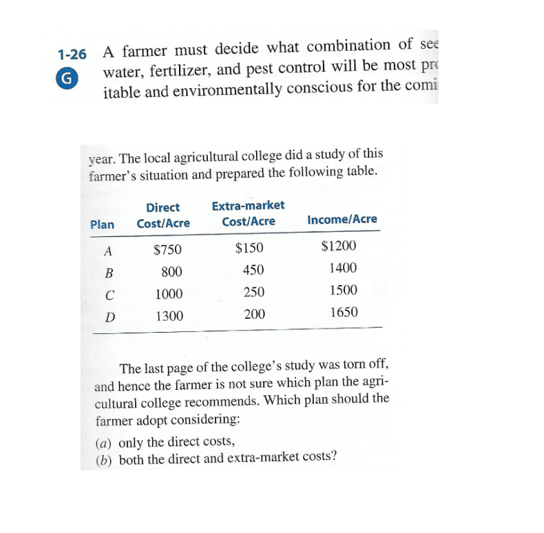 1-26 A farmer must decide what combination of see
water, fertilizer, and pest control will be most pro
itable and environmentally conscious for the comi
G
year. The local agricultural college did a study of this
farmer's situation and prepared the following table.
Direct
Extra-market
Plan
Cost/Acre
Cost/Acre
Income/Acre
A
$750
$150
$1200
В
800
450
1400
C
1000
250
1500
D
1300
200
1650
The last page of the college's study was torn off,
and hence the farmer is not sure which plan the agri-
cultural college recommends. Which plan should the
farmer adopt considering:
(a) only the direct costs,
(b) both the direct and extra-market costs?
