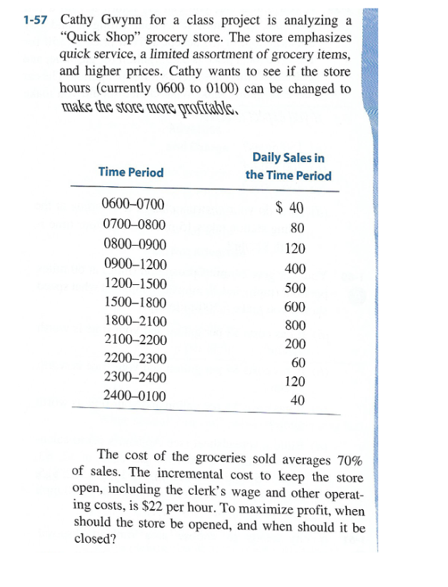 ### Analyzing Store Hours for Profit Maximization: A Case Study

#### Introduction
Cathy Gwynn, for a class project, is analyzing a "Quick Shop" grocery store. The store emphasizes quick service, a limited assortment of grocery items, and higher prices. Cathy wants to determine if adjusting the store hours (currently 0600 to 0100) can make the store more profitable.

#### Time Period Analysis

Below is a table summarizing the daily sales within specific time periods:

| **Time Period** | **Daily Sales in the Time Period** |
|:---------------:|:---------------------------------:|
| 0600–0700       | \$40                              |
| 0700–0800       | \$80                              |
| 0800–0900       | \$120                             |
| 0900–1200       | \$400                             |
| 1200–1500       | \$500                             |
| 1500–1800       | \$600                             |
| 1800–2100       | \$800                             |
| 2100–2200       | \$200                             |
| 2200–2300       | \$60                              |
| 2300–2400       | \$120                             |
| 2400–0100       | \$40                              |

#### Additional Costs and Analysis
The cost of groceries sold averages 70% of sales. The incremental cost to keep the store open, including the clerk’s wage and other operating costs, is \$22 per hour. 

#### Objective
To maximize profit, Cathy needs to analyze and determine the optimal opening and closing times for the store.

### Graphical Representation
Although there is no specific graph provided, the table data can be visualized through a bar chart. The x-axis represents different time periods while the y-axis represents the daily sales in those periods. This graphical representation helps in identifying peak sales hours effectively.

### Strategy for Profit Maximization
1. Calculate the profit for each time period by subtracting the operating costs from the sales revenue, considering the 70% cost of sales.
2. Determine which specific time periods show a positive net profit after accounting for the \$22 per hour operating costs.
3. Adjust store hours to close during periods with consistently low or negative profitability and remain open during periods with higher profitability.

#### Example Calculation
- For the time period 0600–0700:
  - Sales: \$40
  - Cost of