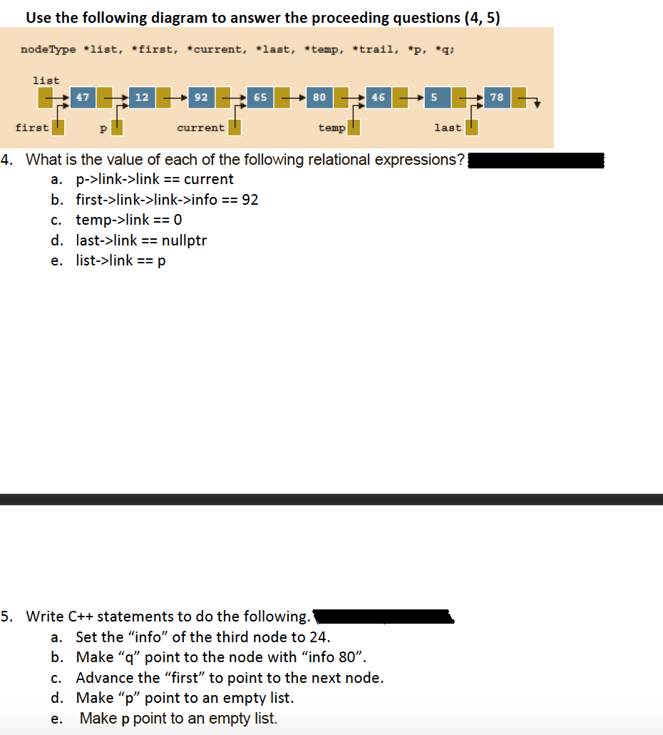 Write C++ statements to do the following.
a. Set the "info" of the third node to 24.
b. Make "q" point to the node with "info 80".
c. Advance the "first" to point to the next node.
d. Make "p" point to an empty list.
Make p point to an empty list.
е.
