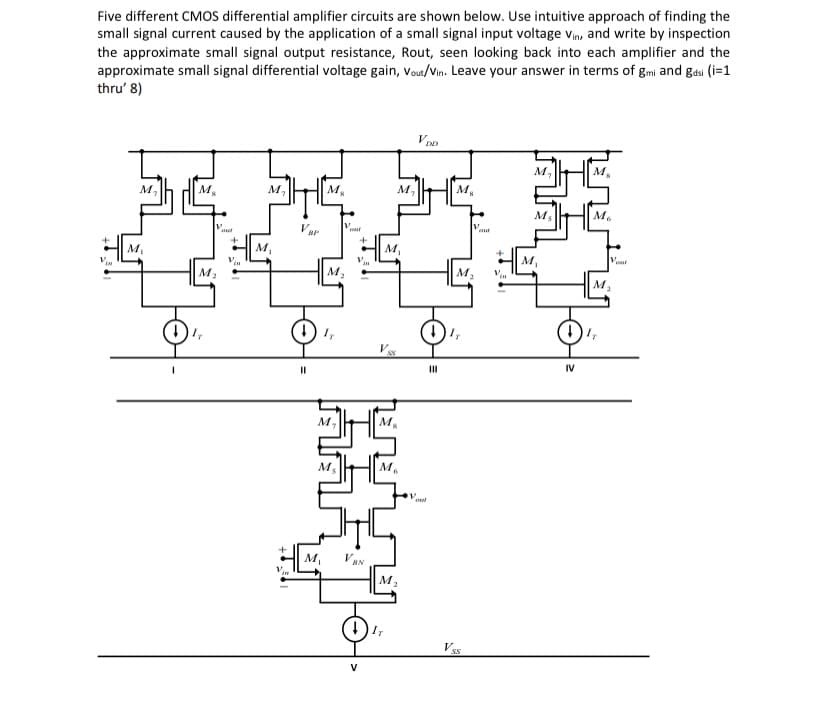 Five different CMo differential amplifier circuits are shown below. Use intuitive approach of finding the
small signal current caused by the application of a small signal input voltage Vin, and write by inspection
the approximate small signal output resistance, Rout, seen looking back into each amplifier and the
approximate small signal differential voltage gain, vout/Vin. Leave your answer in terms of gmi and gasi (i=1
thru' 8)
M.
M,
M.
M,
M.
M.
V BP
V.
aut
auf
M,
M,
M,
V.
M
V.
Vout
M2
M2
V.
(),
II
IV
м.
M.
M,
VEN
M.
V
