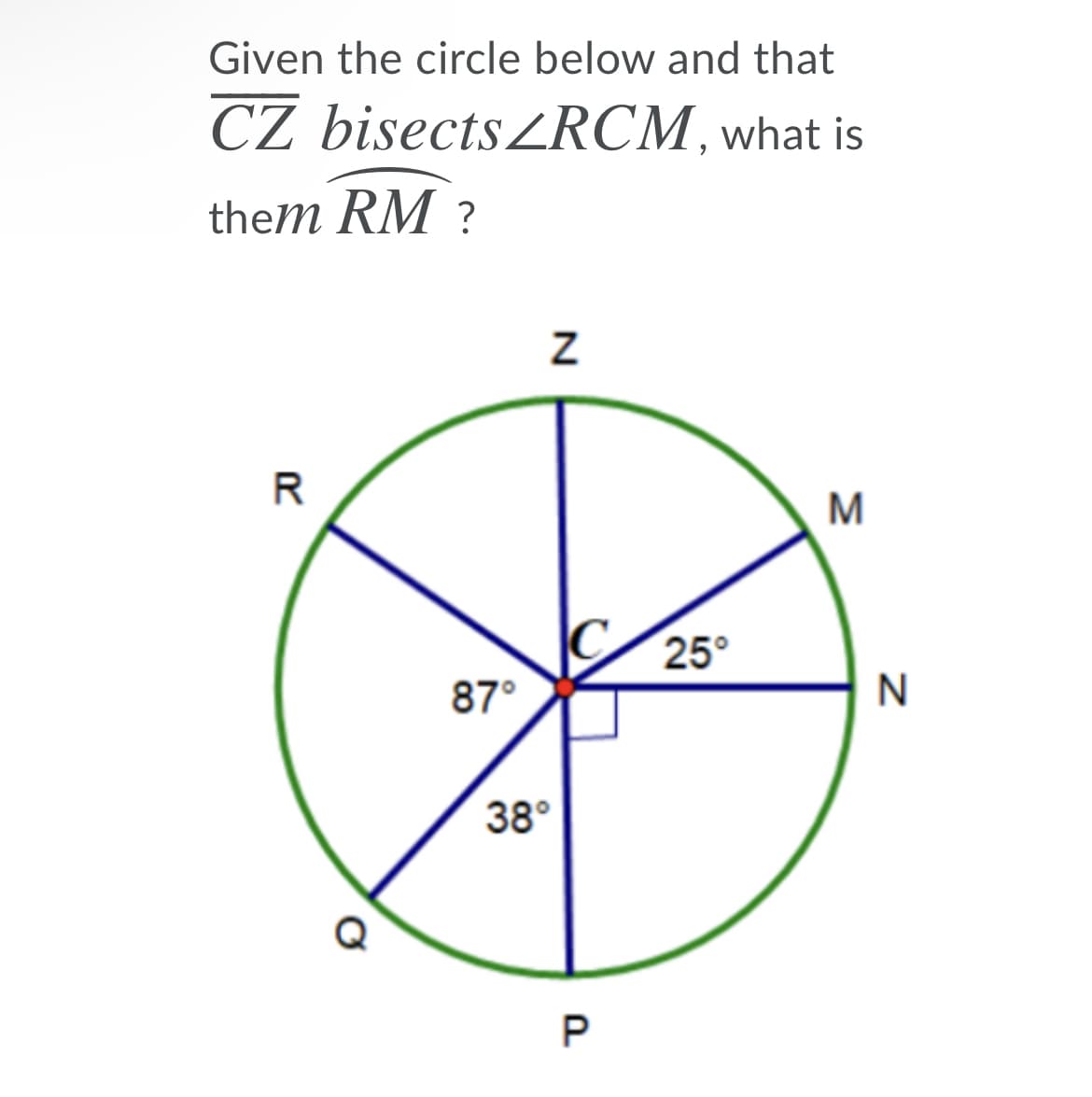 Given the circle below and that
CZ bisectsZRCM, what is
them RM ?
R
25°
87°
38°
P
