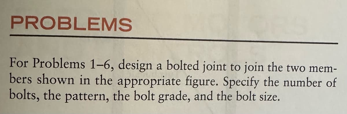 PROBLEMS
For Problems 1-6, design a bolted joint to join the two mem-
bers shown in the appropriate figure. Specify the number of
bolts, the pattern, the bolt grade, and the bolt size.