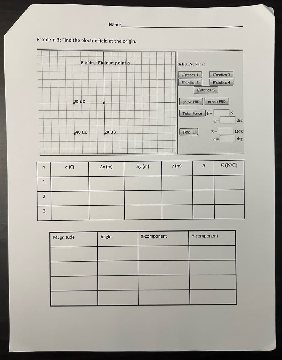 Problem 3: Find the electric field at the origin.
n
1
2
3
30 uc
q (C)
Magnitude
Name
Electric Field at point o
40 uc
20 uc
Ax (m)
Angle
Ay (m)
X-component
Select Problem:
E'statics 1
E'statics 2
r (m)
show FBD
E'statics 5
Total E
Total Force F=
E'statics 3
E'statics 4
0
erase FBD
q=
E=
q=
Y-component
N
deg
kN/C
deg
E (N/C)