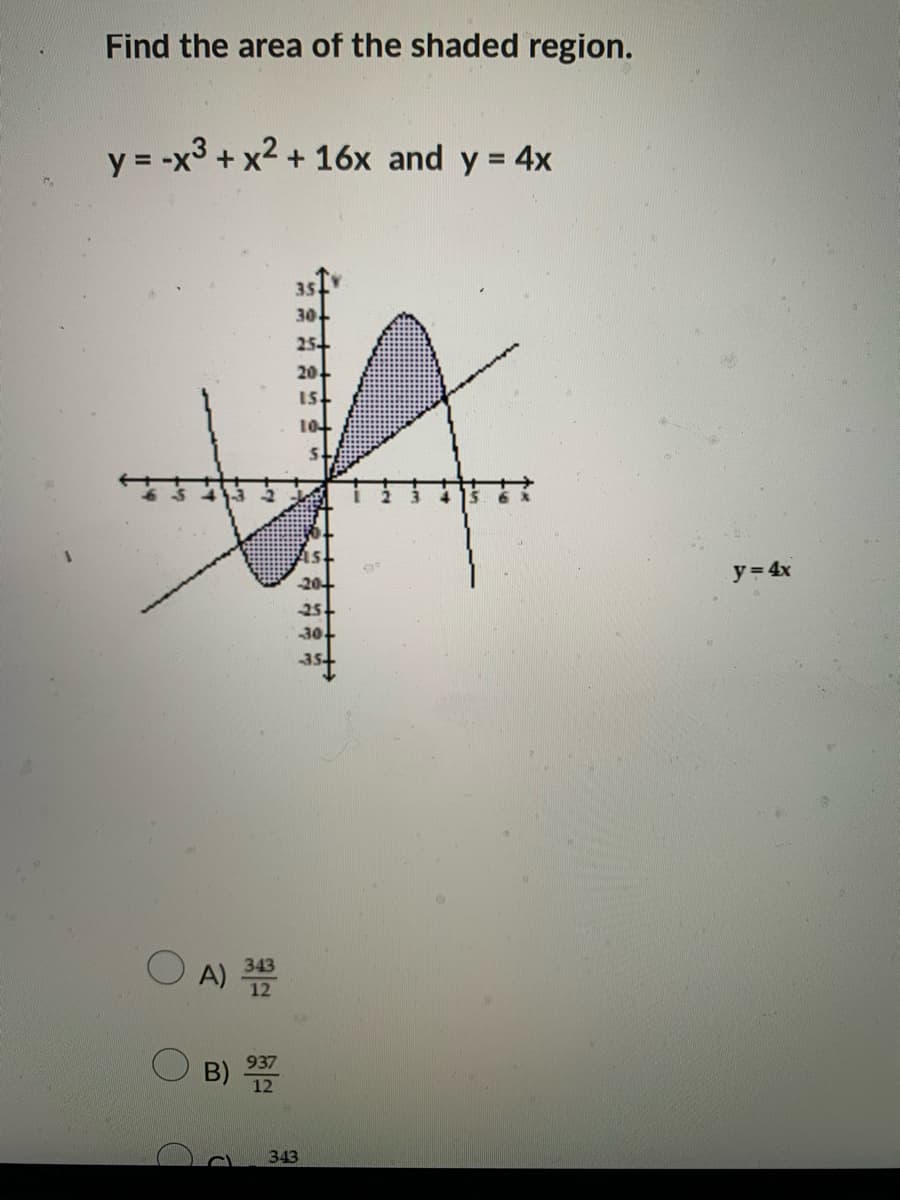 Find the area of the shaded region.
y = -x3 + x2 + 16x and y = 4x
%3D
35
30-
25
20.
15
104
5.
古
y= 4x
20
25
30
343
A)
937
B)
12
343
る
