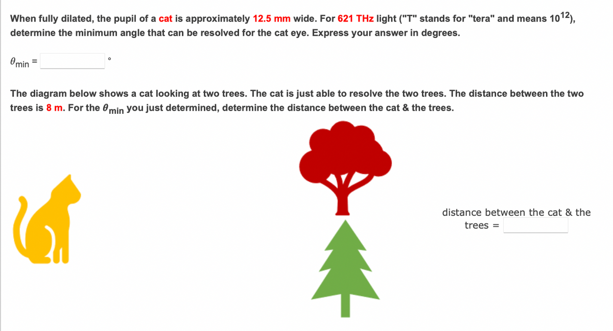 When fully dilated, the pupil of a cat is approximately 12.5 mm wide. For 621 THz light ("T" stands for "tera" and means 1012),
determine the minimum angle that can be resolved for the cat eye. Express your answer in degrees.
Omin
The diagram below shows a cat looking at two trees. The cat is just able to resolve the two trees. The distance between the two
trees is 8 m. For the 0min you just determined, determine the distance between the cat & the trees.
distance between the cat & the
trees =
