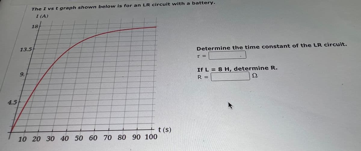 The I vs t graph shown below is for an LR circuit with a battery.
I (A)
18
13.5
Determine the tim e constant of the LR circuit.
%3D
If L = 8 H, determine R.
9.
R =
4.5
t (s)
10 20 30 40 50 60 70 80 90 100
