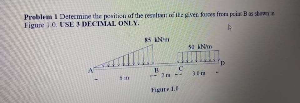 Problem 1 Determine the position of the resultant of the given forces from point B as shown in
Figure 1.0. USE 3 DECIMAL ONLY.
85 kN/m
50 kN/m
C
3.0 m
5 m
2 m
Figure 1.0
