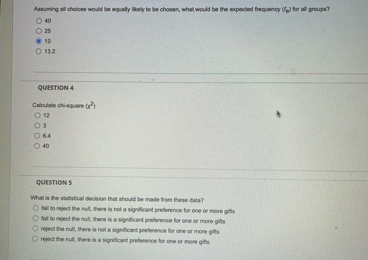 Assuming all choices would be equally likely to be chosen, what would be the expected frequency (fe) for all groups?
O 40
O 25
O 10
O 13.2
QUESTION 4
Calculate chi-square (x)
O 12
O 3
O 6.4
O 40
QUESTION 5
What is the statistical decision that should be made from these data?
O fail to reject the null, there is not a significant preference for one or more gifts
O fail to reject the null, there is a significant preference for one or more gifts
O reject the null, there is not a significant preference for one or more gifts
O reject the null, there is a significant preference for one or more gifts
