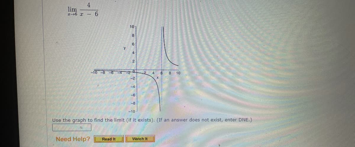 4
lim
I-6 r - 6
10
8
4-
2
-10 -8 -6-4 -2
6 8 10
-2
-4
-6
-8
-10
Use the graph to find the limit (if it exists). (If an answer does not exist, enter DNE.)
Need Help?
Read It
Watch It
