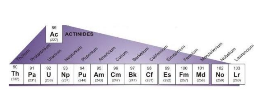 89
Ac ACTINIDES
(227)
Thorium
90
Protactinium
Uranium
Neptunium
Plutonium
Americium
Curium
91
Th
Califomium
Einsteinium
Fermium
92
(232)
Pa
93
Mendelievium
Nobelium
102
94
Berkelium
Np
(237)
(231)
95
Pu
(244)
(238)
96
Am Cm Bk
97
98
(243)
99
(247)
Cf
100
(247)
Es
101
Lawrencium
(251)
Fm
Md
(252)
103
(257)
(258)
No
Lr
(259)
(260)
