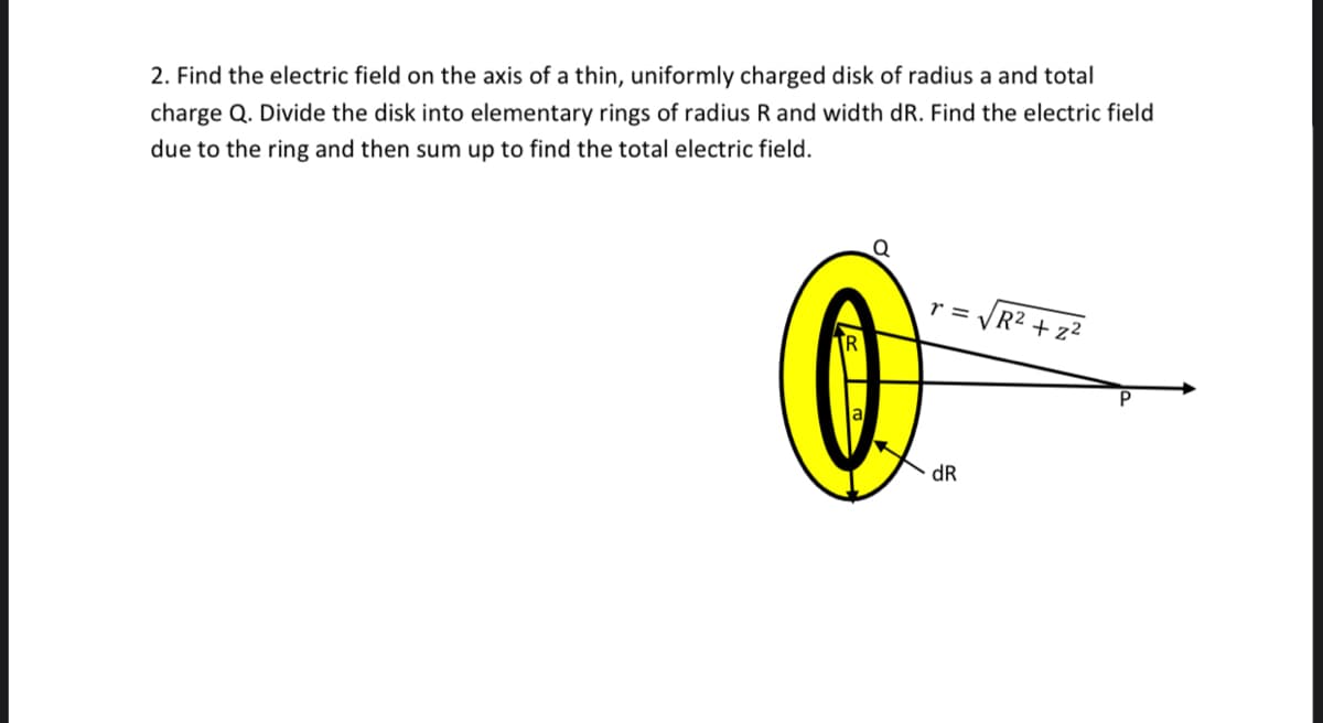 2. Find the electric field on the axis of a thin, uniformly charged disk of radius a and total
charge Q. Divide the disk into elementary rings of radius R and width dR. Find the electric field
due to the ring and then sum up to find the total electric field.
r = VR2 +z²
dR
