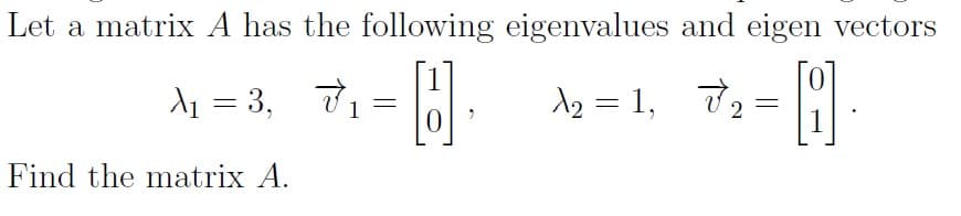 Let a matrix A has the following eigenvalues and eigen vectors
A1 = 3,
ol: 12 = 1,
ずュ=|
1
Find the matrix A.
