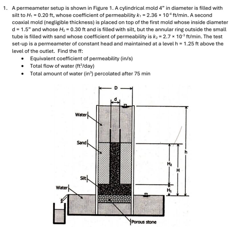 1. A permeameter setup is shown in Figure 1. A cylindrical mold 4" in diameter is filled with
silt to H₁ = 0.20 ft, whose coefficient of permeability k₁ = 2.36 x 10-4 ft/min. A second
coaxial mold (negligible thickness) is placed on top of the first mold whose inside diameter
d = 1.5" and whose H₂ = 0.30 ft and is filled with silt, but the annular ring outside the small
tube is filled with sand whose coefficient of permeability is k₂ = 2.7 x 10³ ft/min. The test
set-up is a permeameter of constant head and maintained at a level h = 1.25 ft above the
level of the outlet. Find the ff:
●
Equivalent coefficient of permeability (in/s)
Total flow of water (ft³/day)
Total amount of water (in³) percolated after 75 min
Water
Water
Sand
Silt
Porous stone
H₂
H₁
H