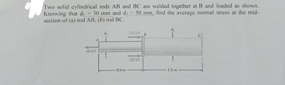 Two solid cylindrical rods AB and BC are welded together at B and loaded as shown.
Knowing that d
section of (a) rod AB. (b) rod BC.
30 mm and dy = 50 mm, find the average normal stress at the mid-
125 AN
B
60 kN
125 N
0.9 m
12 m
