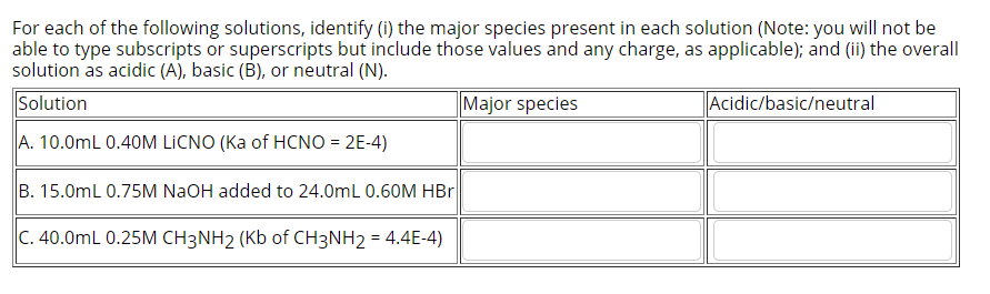 For each of the following solutions, identify (i) the major species present in each solution (Note: you will not be
able to type subscripts or superscripts but include those values and any charge, as applicable); and (ii) the overall
solution as acidic (A), basic (B), or neutral (N).
Solution
Major species
Acidic/basic/neutral
A. 10.0mL 0.40M LİCNO (Ka of HCNO = 2E-4)
B. 15.0mL 0.75M NaOH added to 24.0mL 0.60M HBr
C. 40.0mL 0.25M CH3NH2 (Kb of CH3NH2 = 4.4E-4)
