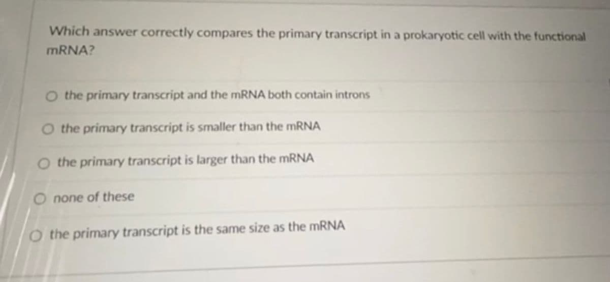 Which answer correctly compares the primary transcript in a prokaryotic cell with the functional
MRNA?
O the primary transcript and the MRNA both contain introns
O the primary transcript is smaller than the MRNA
O the primary transcript is larger than the MRNA
none of these
O the primary transcript is the same size as the MRNA
