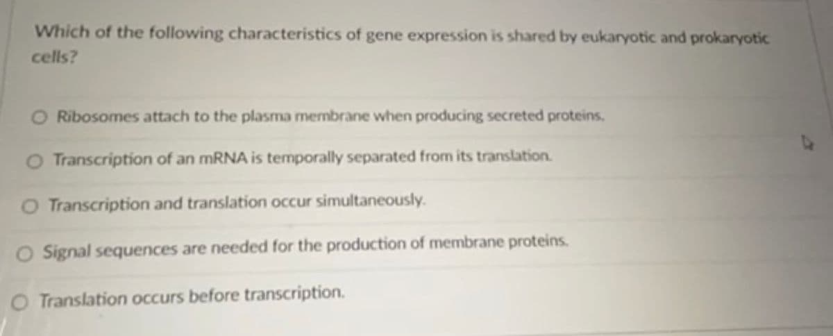 Which of the following characteristics of gene expression is shared by eukaryotic and prokaryotic
cells?
Ribosomes attach to the plasma mermbrane when producing secreted proteins,
Transcription of an MRNA is temporally separated from its translation.
O Transcription and translation occur simultaneously.
O Signal sequences are needed for the production of membrane proteins.
O Translation occurs before transcription.
