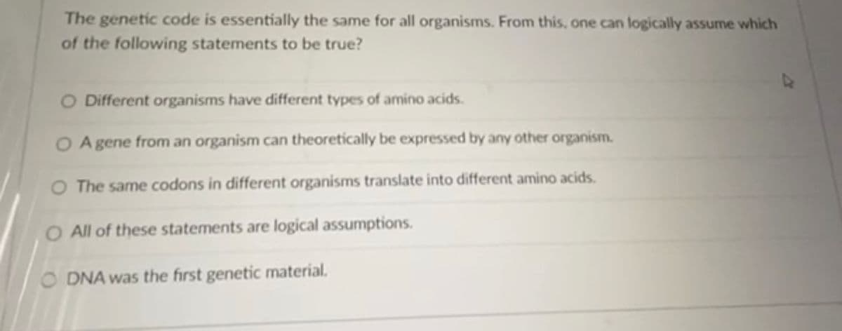 The genetic code is essentially the same for all organisms. From this, one can logically assume which
of the following statements to be true?
O Different organisms have different types of amino acids.
O A gene from an organism can theoretically be expressed by any other organism.
O The same codons in different organisms translate into different amino acids.
O All of these statements are logical assumptions.
O DNA was the first genetic material.
