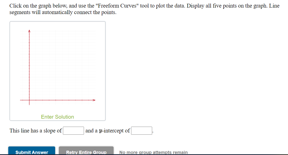 Click on the graph below, and use the "Freeform Curves" tool to plot the data. Display all five points on the graph. Line
segments will automatically connect the points.
Enter Solution
This line has a slope of|
and a y-intercept of
Submit Answer
Retry Entire Group
No more group attempts remain
