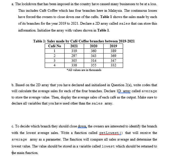 a. The lockdown that has been imposed in the country have caused many businesses to be at a loss.
This includes Café Coffee which has four branches here in Malaysia. The continuous losses
have forced the owners to close down one of the cafés. Table 1 shows the sales made by each
of its branches for the year 2019 to 2021. Declare a 2D array called sales that can store this
information. Initialise the array with values shown in Table 1.
Table 1: Sales made by Café Coffee branches between 2019-2021
Café No
2021
2020
2019
1
319
360
389
2
297
343
369
3
305
314
347
338
355
332
*All values are in thousands
b. Based on the 2D array that you have declared and initialised in Question 2(a), write codes that
will calculate the average sales for each of the four branches. Declare 1D array called average
to store the average value. Then, display the average sales of each café as the output. Make sure to
declare all variables that you have used other than the sales array.
c. To decide which branch they should close down, the owners are interested to identify the branch
with the lowest average sales. Write a function called getLowest () that will receive the
average array as a parameter. The function will compare all sales average and determine the
lowest value. The value should be stored in a variable called lowest which should be returned to
the main function.
