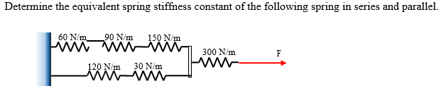 Determine the equivalent spring stiffness constant of the following spring in series and parallel.
60 N/m
90 N/m
wwwm
120 N/m
150 N/m
30 N/m
www
300 N/m
F