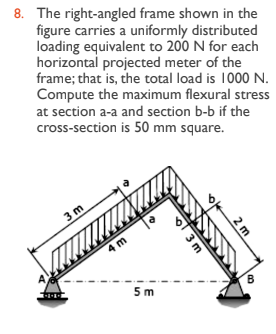 8. The right-angled frame shown in the
figure carries a uniformly distributed
loading equivalent to 200 N for each
horizontal projected meter of the
frame; that is, the total load is 1000 N.
Compute the maximum flexural stress
at section a-a and section b-b if the
cross-section is 50 mm square.
3m
4 m
5 m
3 m
2 m
B