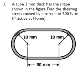 3. A tube 2 mm thick has the shape
shown in the figure Find the shearing
stress caused by a torque of 600 N m.
(Practice at Home)
10 mm
- 80 mm
10 mm