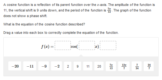 A cosine function is a refiection of its parent function over the x-axis. The amplitude of the function is
11, the vertical shift is 9 units down, and the period of the function is The graph of the function
does not show a phase shift.
What is the equation of the cosine function described?
Drag a value into each box to correctly complete the equation of the function.
f(z) =
cos(
z):
