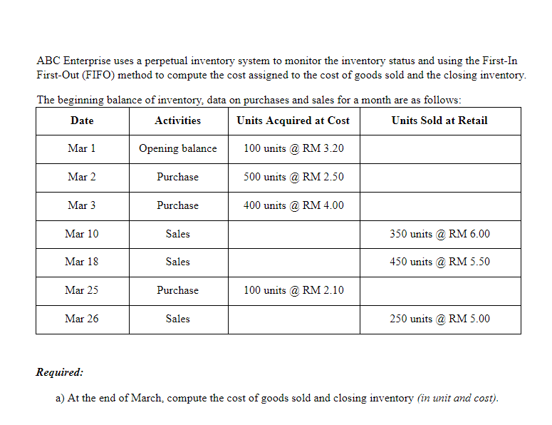 ABC Enterprise uses a perpetual inventory system to monitor the inventory status and using the First-In
First-Out (FIFO) method to compute the cost assigned to the cost of goods sold and the closing inventory.
The beginning balance of inventory, data on purchases and sales for a month are as follows:
Date
Activities
Units Acquired at Cost
Units Sold at Retail
Mar 1
Opening balance
100 units @ RM 3.20
Mar 2
Purchase
500 units @ RM 2.50
Mar 3
Purchase
400 units @ RM 4.00
Mar 10
Sales
350 units @ RM 6.00
Mar 18
Sales
450 units @ RM 5.50
Mar 25
Purchase
100 units @ RM 2.10
Mar 26
Sales
250 units @ RM 5.00
Required:
a) At the end of March, compute the cost of goods sold and closing inventory (in unit and cost).
