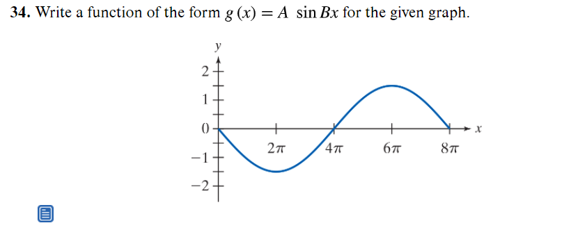 34. Write a function of the form g (x) = A sin Bx for the given graph.
y
4
8
-1
-2
