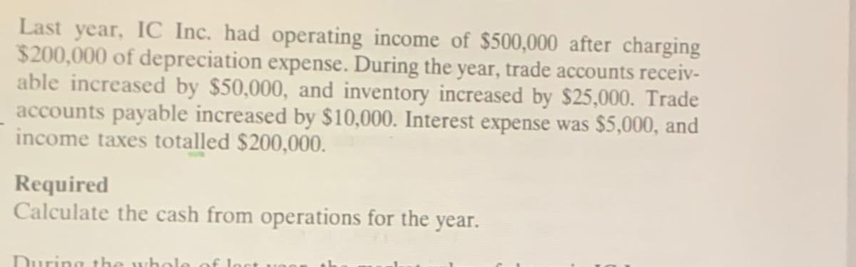 Last year, IC Inc. had operating income of $500,000 after charging
$200,000 of depreciation expense. During the year, trade accounts receiv-
able increased by $50,000, and inventory increased by $25,000. Trade
accounts payable increased by $10,000. Interest expense was $5,000, and
income taxes totalled $200,000.
Required
Calculate the cash from operations for the year.
During