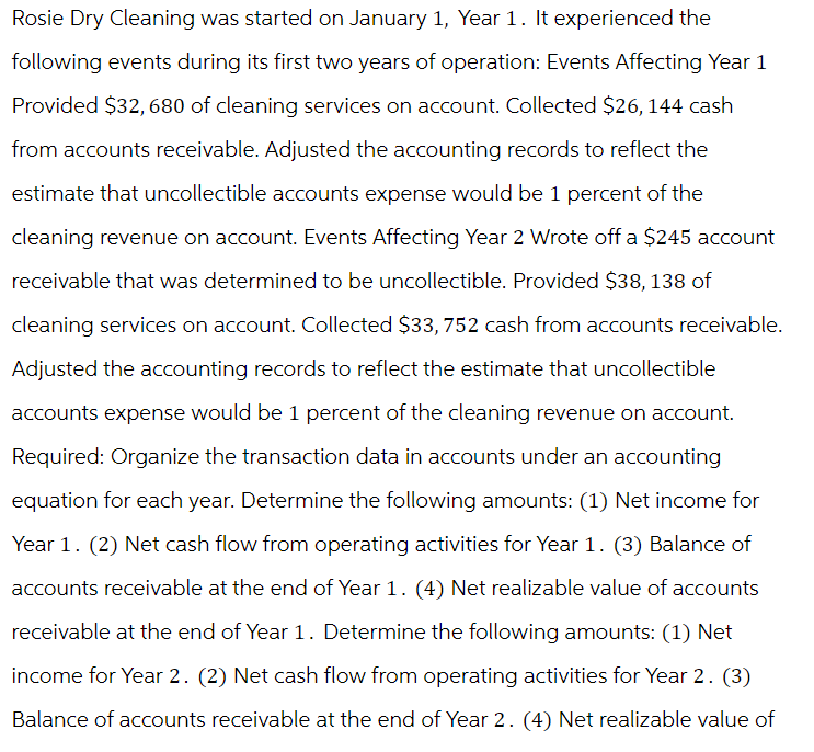 Rosie Dry Cleaning was started on January 1, Year 1. It experienced the
following events during its first two years of operation: Events Affecting Year 1
Provided $32, 680 of cleaning services on account. Collected $26, 144 cash
from accounts receivable. Adjusted the accounting records to reflect the
estimate that uncollectible accounts expense would be 1 percent of the
cleaning revenue on account. Events Affecting Year 2 Wrote off a $245 account
receivable that was determined to be uncollectible. Provided $38, 138 of
cleaning services on account. Collected $33, 752 cash from accounts receivable.
Adjusted the accounting records to reflect the estimate that uncollectible
accounts expense would be 1 percent of the cleaning revenue on account.
Required: Organize the transaction data in accounts under an accounting
equation for each year. Determine the following amounts: (1) Net income for
Year 1. (2) Net cash flow from operating activities for Year 1. (3) Balance of
accounts receivable at the end of Year 1. (4) Net realizable value of accounts
receivable at the end of Year 1. Determine the following amounts: (1) Net
income for Year 2. (2) Net cash flow from operating activities for Year 2. (3)
Balance of accounts receivable at the end of Year 2. (4) Net realizable value of