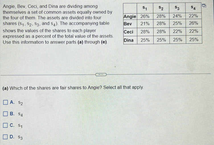 Angie, Bev, Ceci, and Dina are dividing among
themselves a set of common assets equally owned by
the four of them. The assets are divided into four
shares (S₁, S2, S3, and $4). The accompanying table
shows the values of the shares to each player
expressed as a percent of the total value of the assets.
Use this information to answer parts (a) through (e).
A. $2
B. $4
C. S1
S1
Angie 26%
Bev
Ceci 28%
Dina 25%
(a) Which of the shares are fair shares to Angie? Select all that apply.
D. $3
21% 28%
$2
28% 24%
22%
25%
26%
28% 22% 22%
25% 25% 25%
$3 $4
17