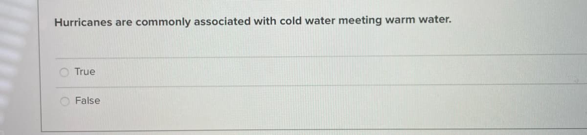 Hurricanes are commonly associated with cold water meeting warm water.
True
False