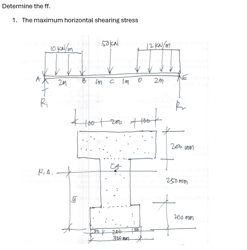 Determine the ff.
1. The maximum horizontal shearing stress
10 KN/m
soka
12 KN/m
NE
24
B
Im c Im
2m
R₁
100 | 200 +1007
N.A.
30 / 200
300 mm
19
R
250mm
200min